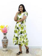 MANGAI Elegant Rayon MAXI Frock | Designer Neck | Half Sleeve | Flared Frill Bottom | Soft & Comfortable Daily Wear (RGM)