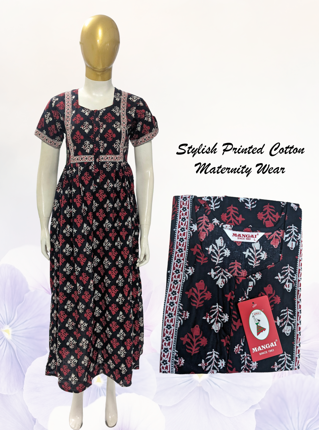 MANGAI Premium Cotton Maternity Wear for Pregnancy Women's | Soft Cotton | Above Knee Length Covered | Front Open Zipper| Beautiful Printed Maternity Wear