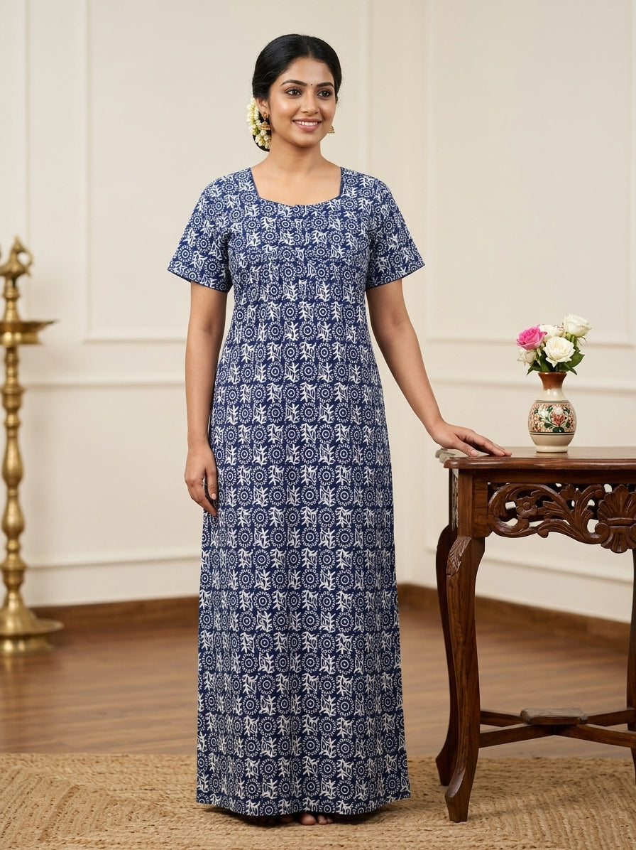 MANGAI Cotton Printed Pleated Model Half Sleeve 5XL Size Nighties withFancy Neck | With Side Pocket (5PZ)