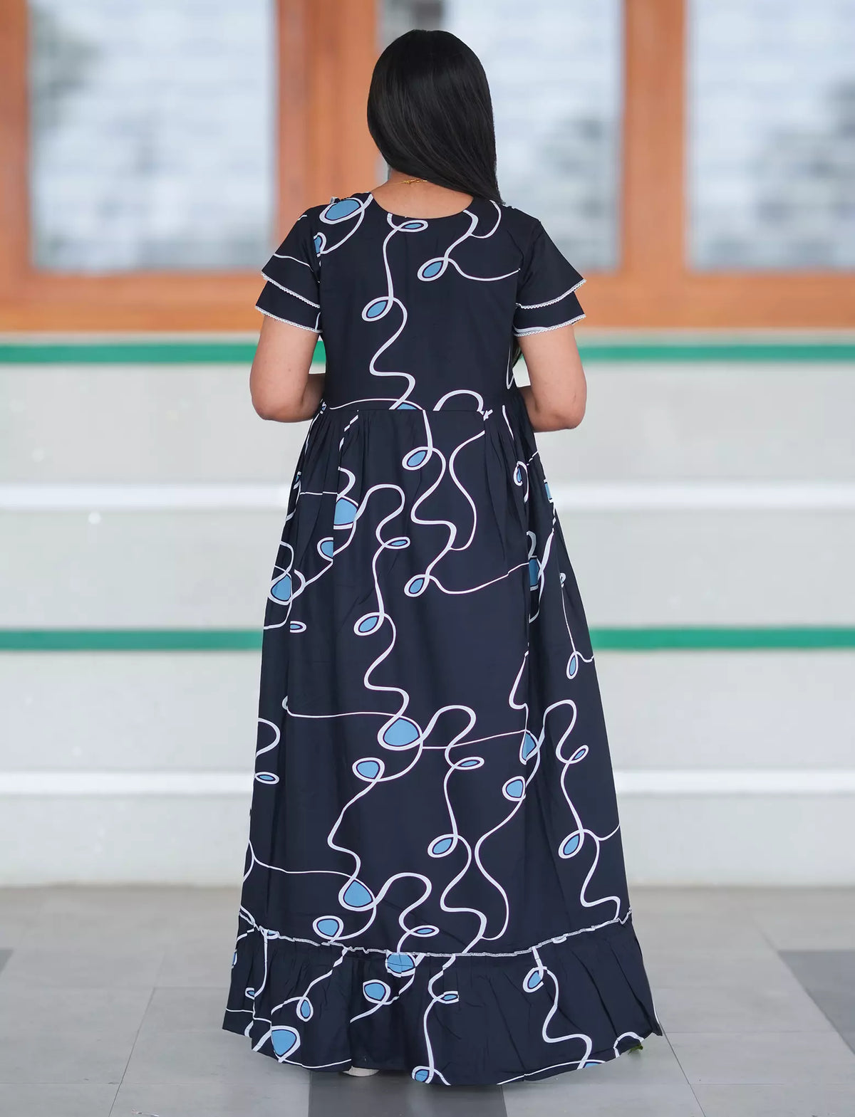 Navy Abstract Loop Print Rayon Front Zipper Feeding Full Frock with Layer Sleeve - Mangai Nighties
