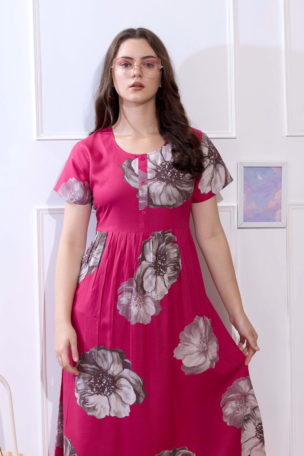 Rayon MAXI FROCK Model Nighties | Round Neck & Side Pocket | Pleated Frock MAXI Style | Trendy Collection's for Stylish Women & Teenage Girl (FRH)