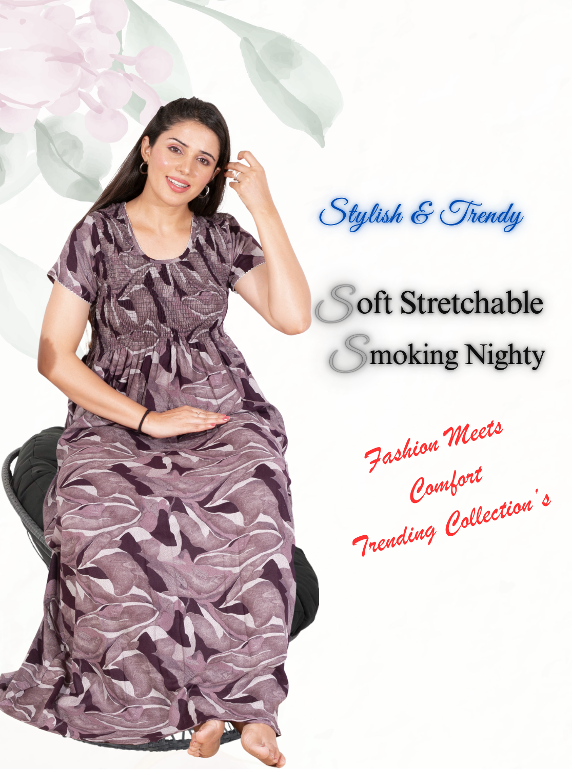 New Arrivals ALPINE Smokey Nighty | Beautiful Pleated Design | Side Pocket | Stylish Nighty for Trendy Women's | Your Perfect Nightwear Collection's (ALS)