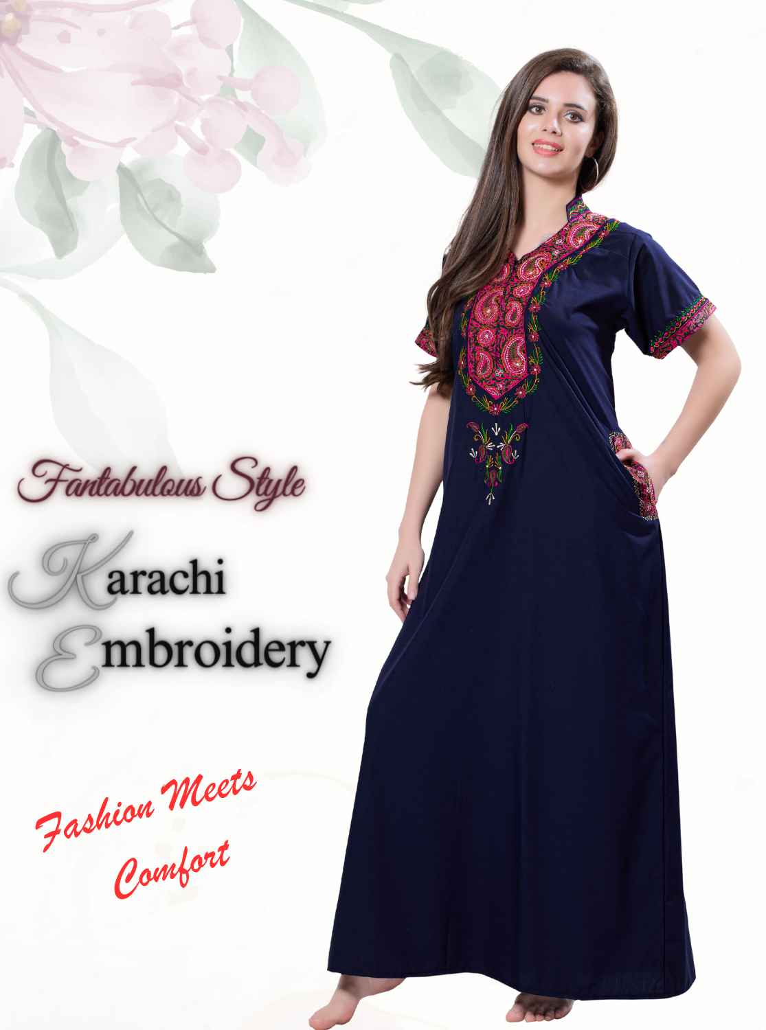 MANGAI Premium KARACHI Embroidery Nighties | Beautiful Embroidery Design's | Branded Quality | Half Sleeve | Collar Model | Stylish Nightdress for Women