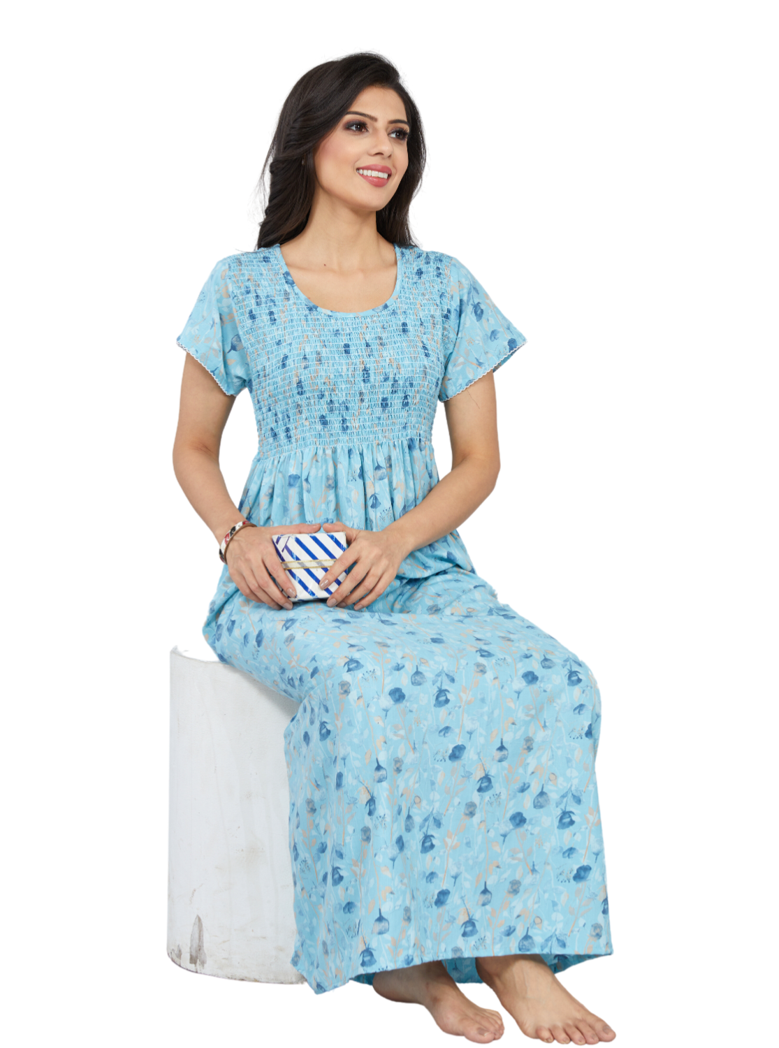 ONLY MINE Premium Synthetic Smokey Nighty | Beautiful Pleated Design | Side Pocket | Stylish Nighty for Stylish Women's
