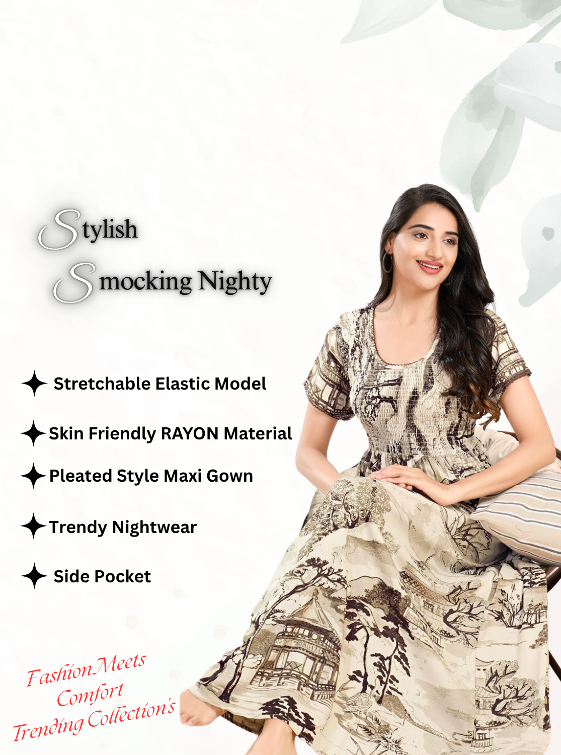 MANGAI RAYON Smocking Nighty | Beautiful Pleated Design | Side Pocket | Stylish Nighty for Trendy Women's | Your Perfect Nightwear Collection's (SRN)