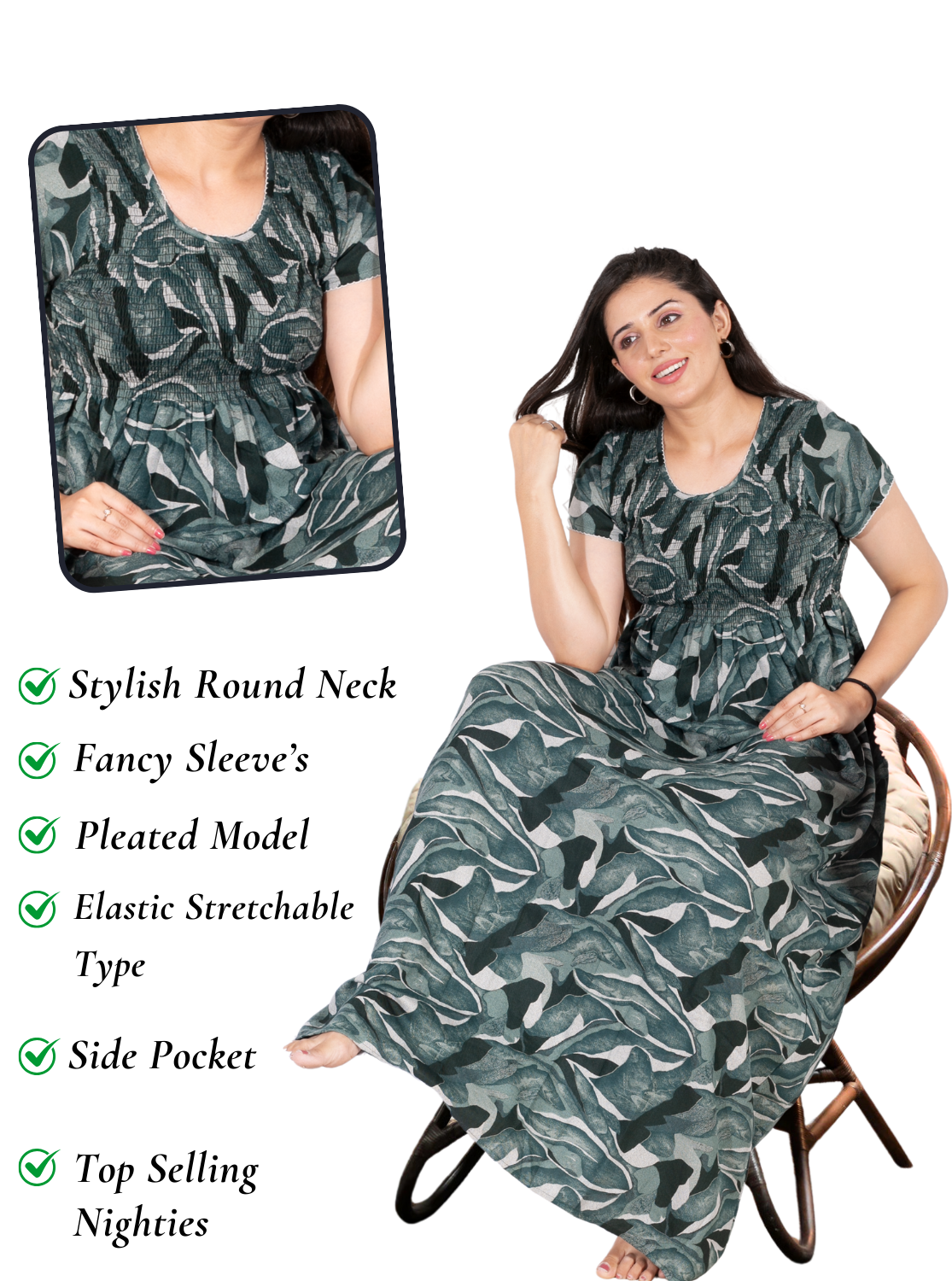 New Arrivals ALPINE Smokey Nighty | Beautiful Pleated Design | Side Pocket | Stylish Nighty for Trendy Women's | Your Perfect Nightwear Collection's (ALS)