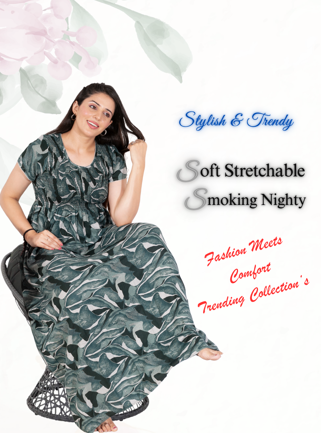 New Arrivals ALPINE Smokey Nighty | Beautiful Pleated Design | Side Pocket | Stylish Nighty for Trendy Women's | Your Perfect Nightwear Collection's (ALS)