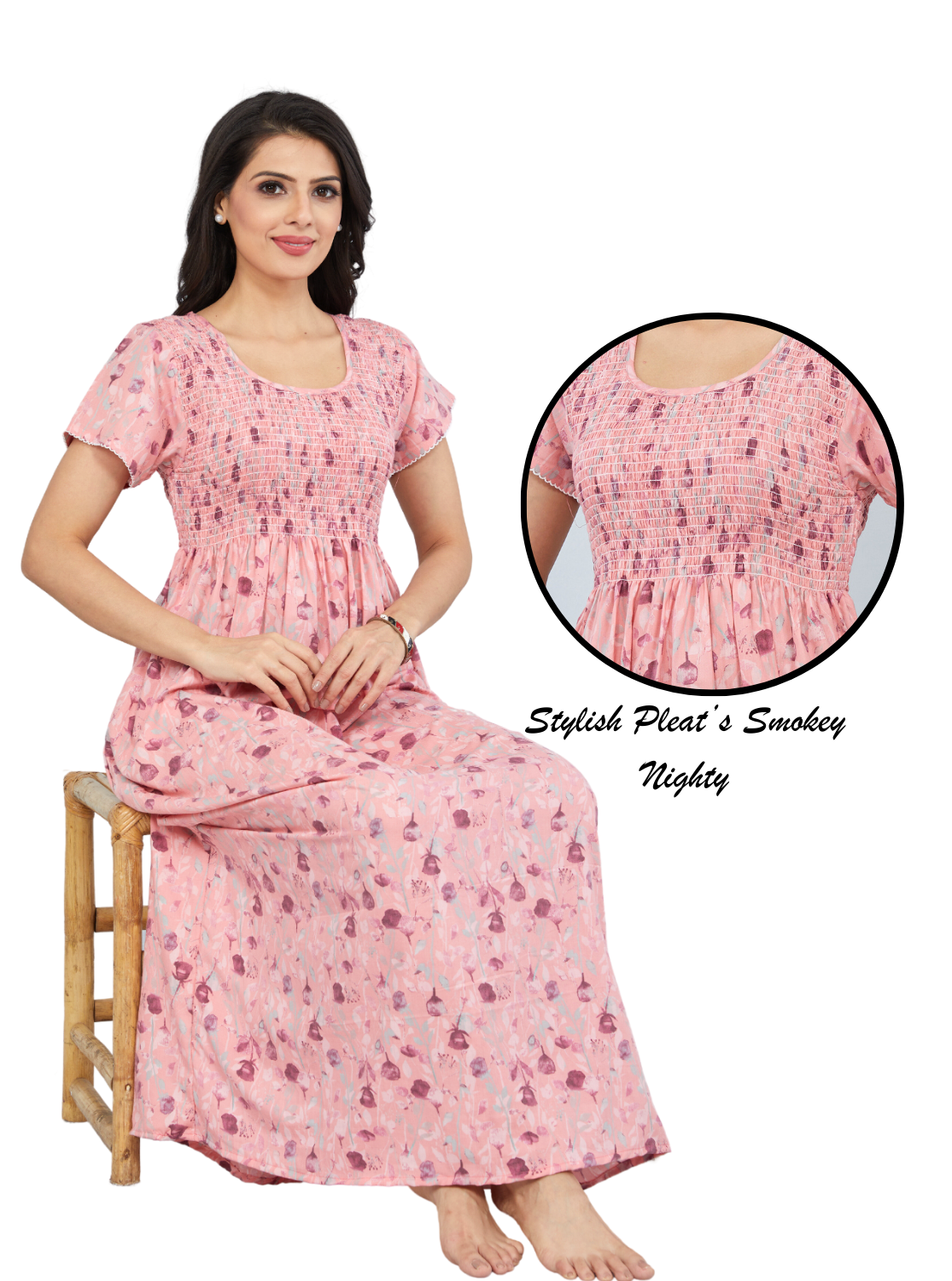 ONLY MINE Premium Synthetic Smokey Nighty | Beautiful Pleated Design | Side Pocket | Stylish Nighty for Stylish Women's