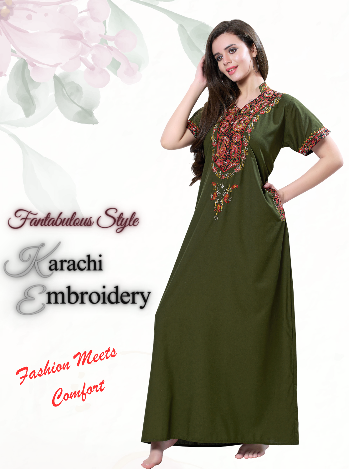 MANGAI Premium KARACHI Embroidery Nighties | Beautiful Embroidery Design's | Branded Quality | Half Sleeve | Regular Model | Stylish Nightdress for Women (KEM)