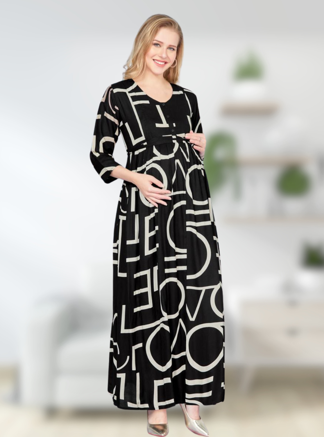 New ArrivalsONLY MINE Premium 4-IN-ONE Mom's Wear - Soft & Smooth Rayon | Maternity | Feeding | Long Frock | Casual Wear for Pregnancy Women's (4-IN-ONE-LFRK)