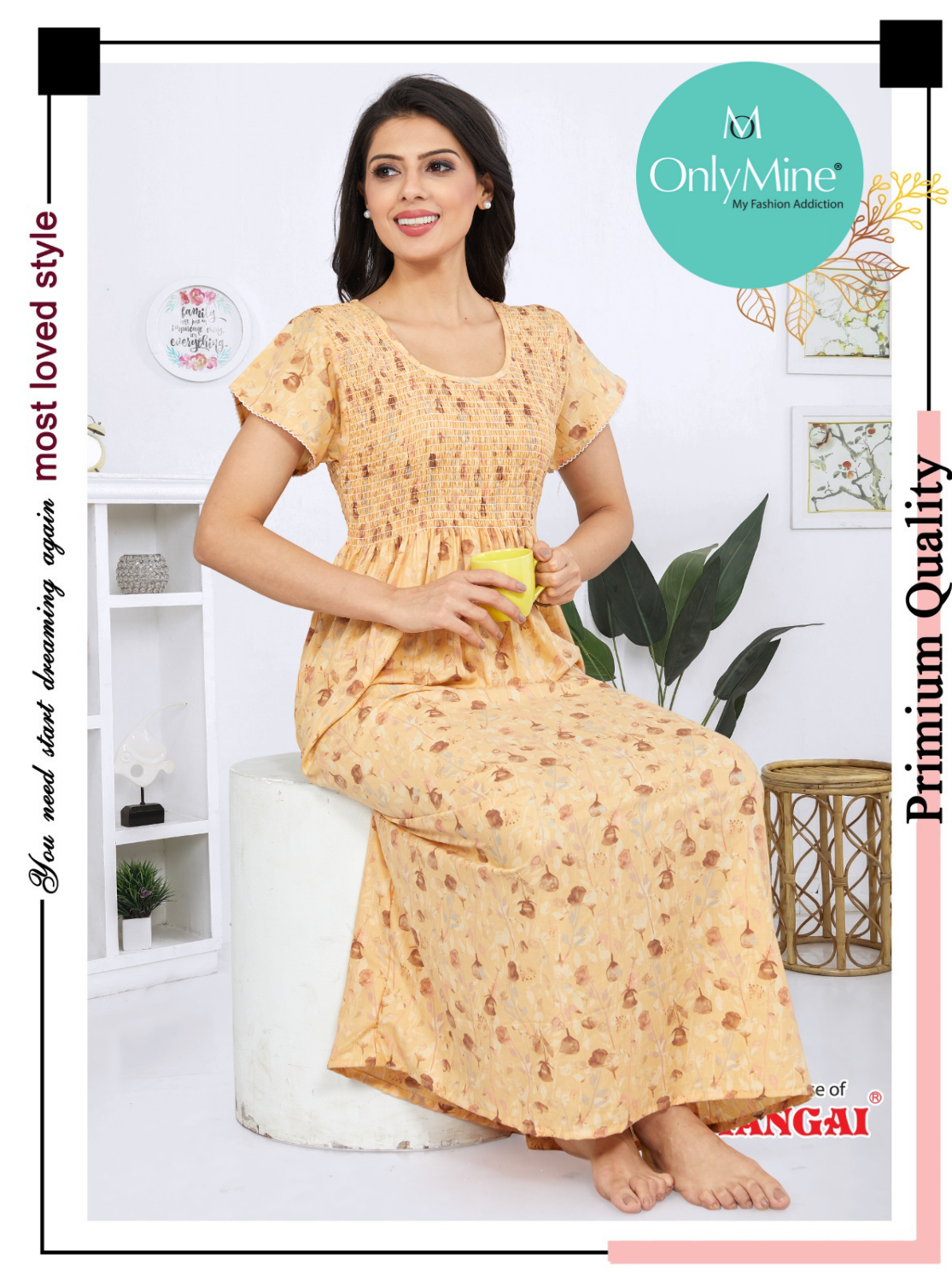 ONLY MINE Premium Synthetic Smokey Nighty | Beautiful Pleated Design | Side Pocket | Stylish Nighty for Stylish Women's