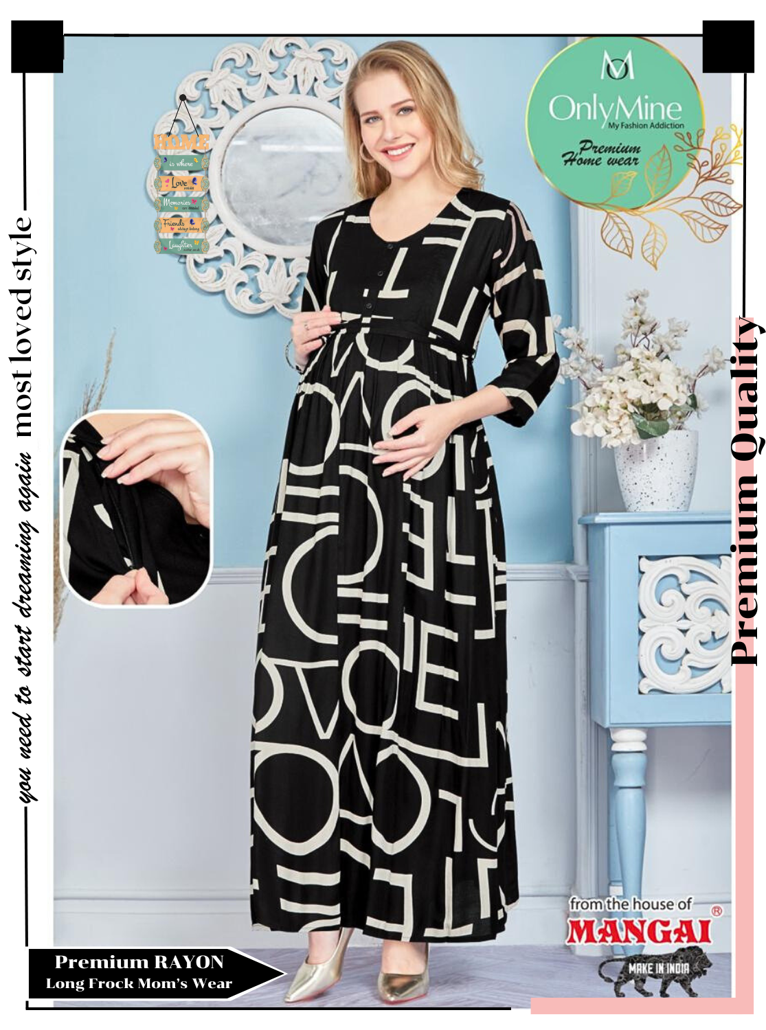 New ArrivalsONLY MINE Premium 4-IN-ONE Mom's Wear - Soft & Smooth Rayon | Maternity | Feeding | Long Frock | Casual Wear for Pregnancy Women's (4-IN-ONE-LFRK)