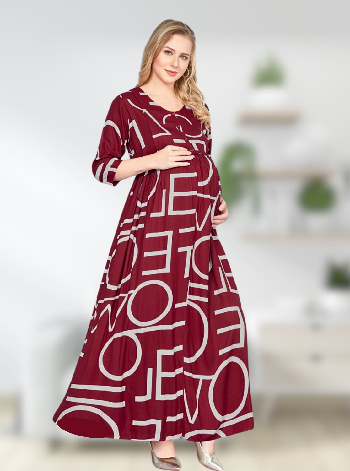 New ArrivalsONLY MINE Premium 4-IN-ONE Mom's Wear - Soft & Smooth Rayon | Maternity | Feeding | Long Frock | Casual Wear for Pregnancy Women's (4-IN-ONE-LFRK)