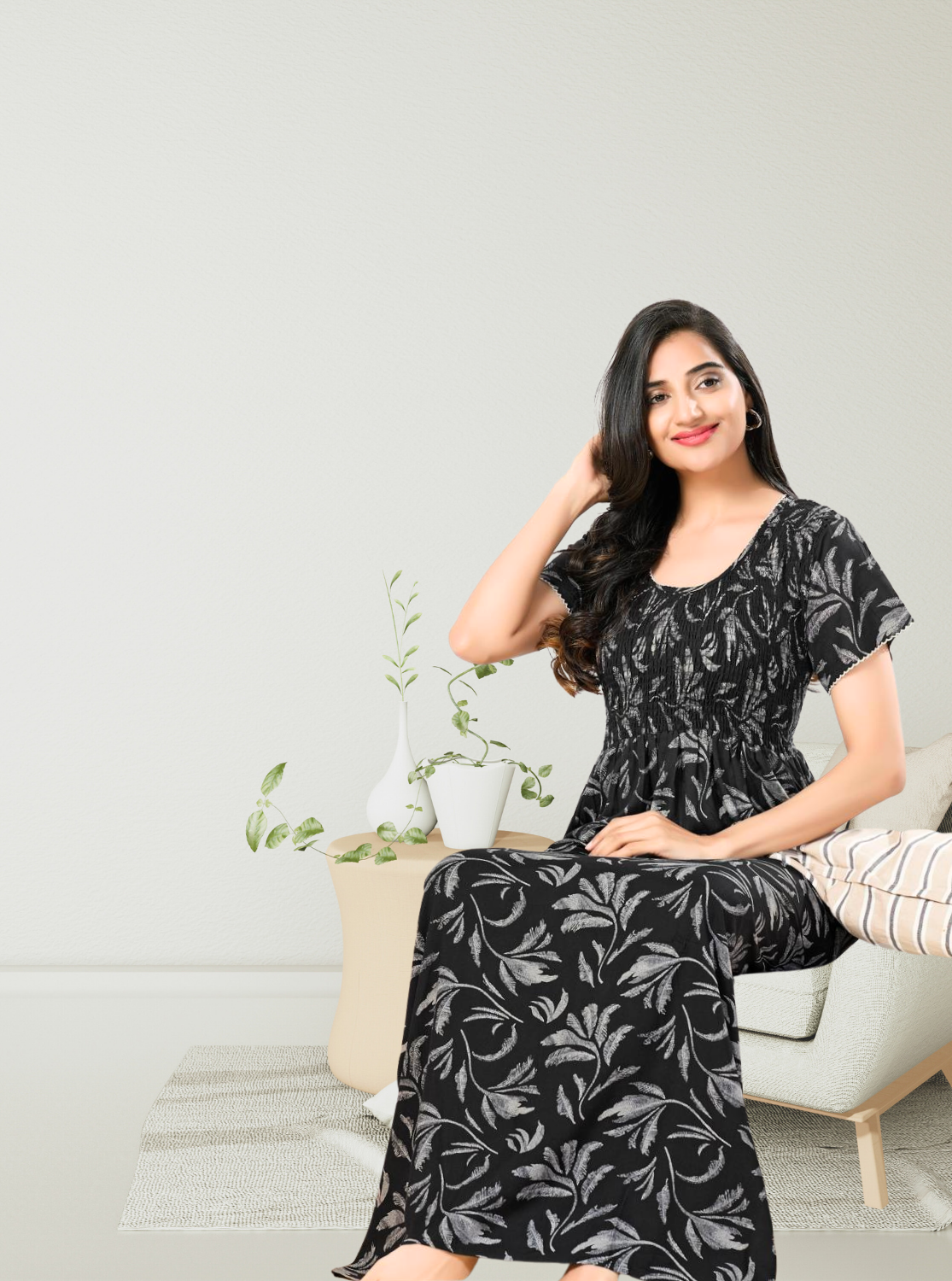 MANGAI RAYON Smocking Nighty | Beautiful Pleated Design | Side Pocket | Stylish Nighty for Trendy Women's | Your Perfect Nightwear Collection's (SRN)