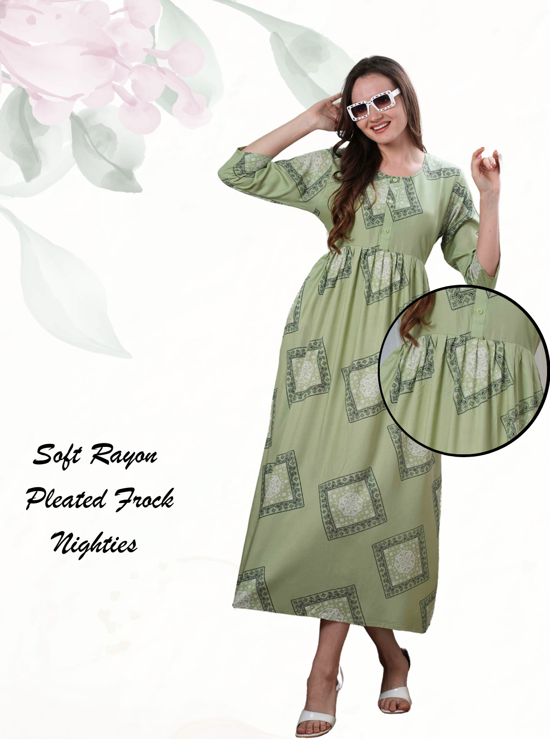 Latest Arrivals ONLY MINE Premium Rayon FROCK Model Pleated Nighties - Style 3/4 Length Sleeve | Soft & Smooth Cloths | Stylish Look | Perfect Nightdress for Trendy Women's