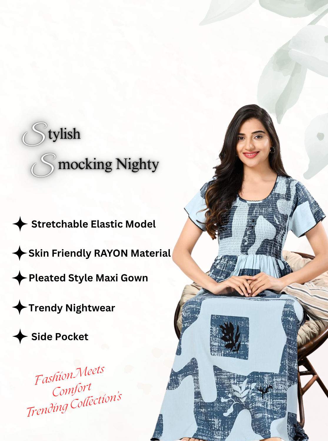 MANGAI RAYON Smocking Nighty | Beautiful Pleated Design | Side Pocket | Stylish Nighty for Trendy Women's | Your Perfect Nightwear Collection's (SRN)