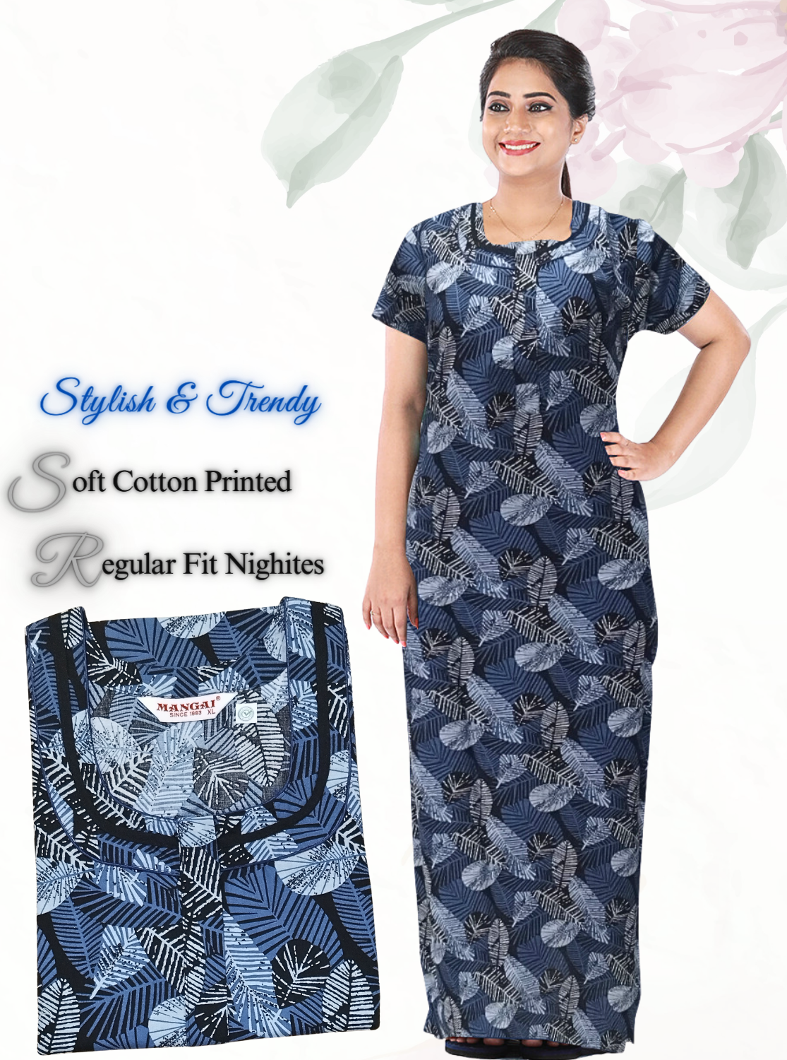 MANGAI New Regular Fit Cotton Printed Nighties - All Over Printed Stylish Nightwear for Stylish Women | Side Cut Pocket | Beautiful Nighties for Stylish Women's | Colorful Printed Cotton Nighties