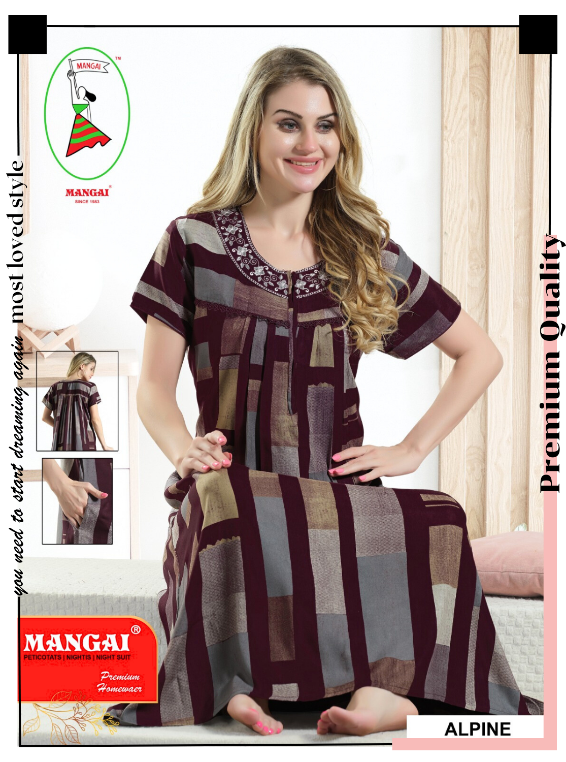 MANGAI Premium Alpine Pleated Model Nighties | Full Length | Stylish Pleated Model Nighties | Side Pocket | Half Sleeve | Perfect Nightwear Collection's for Trendy Women's