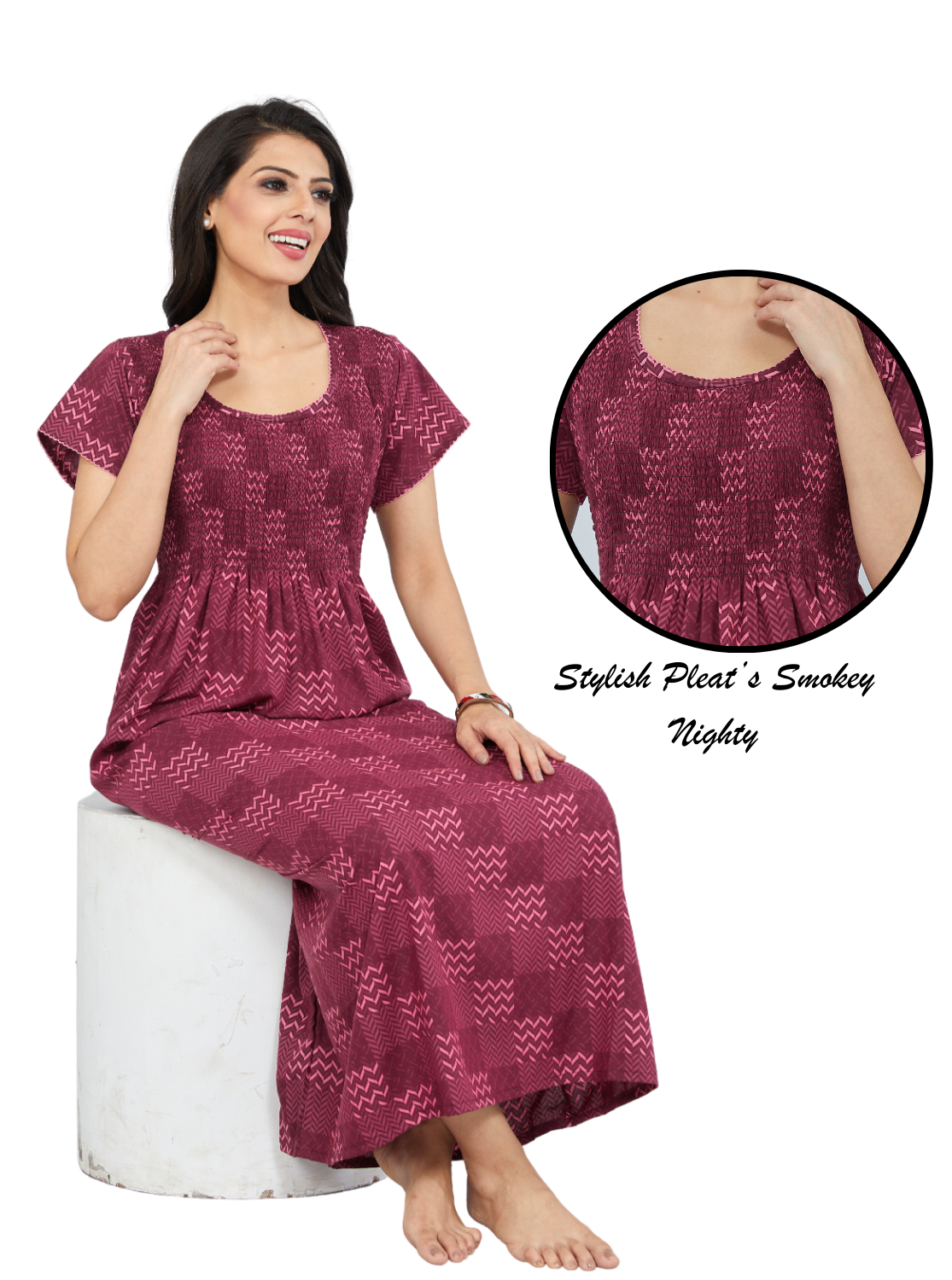 ONLY MINE Premium Synthetic Smokey Nighty | Beautiful Pleated Design | Side Pocket | Stylish Nighty for Stylish Women's
