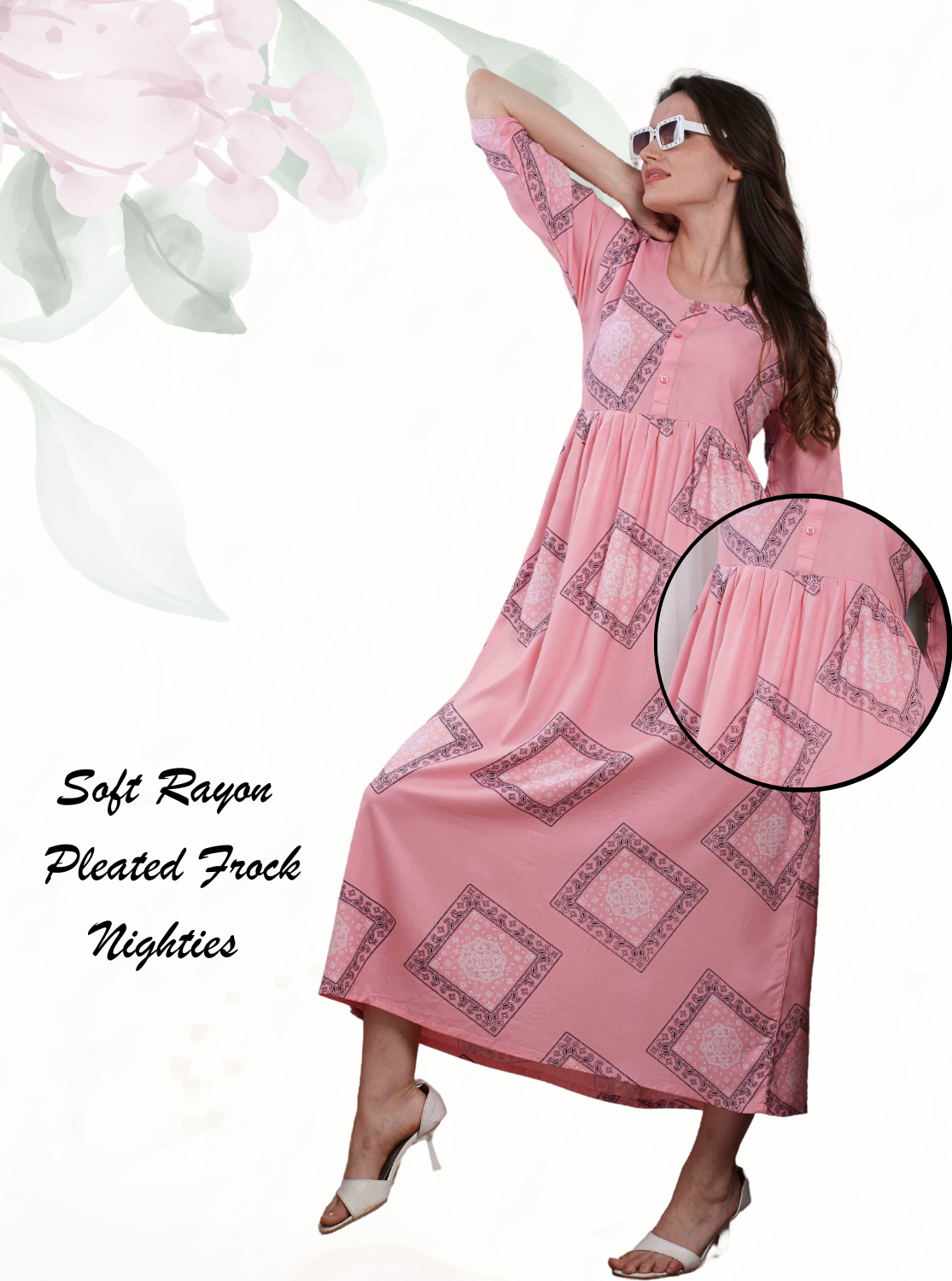 Latest Arrivals ONLY MINE Premium Rayon FROCK Model Pleated Nighties - Style 3/4 Length Sleeve | Soft & Smooth Cloths | Stylish Look | Perfect Nightdress for Trendy Women's