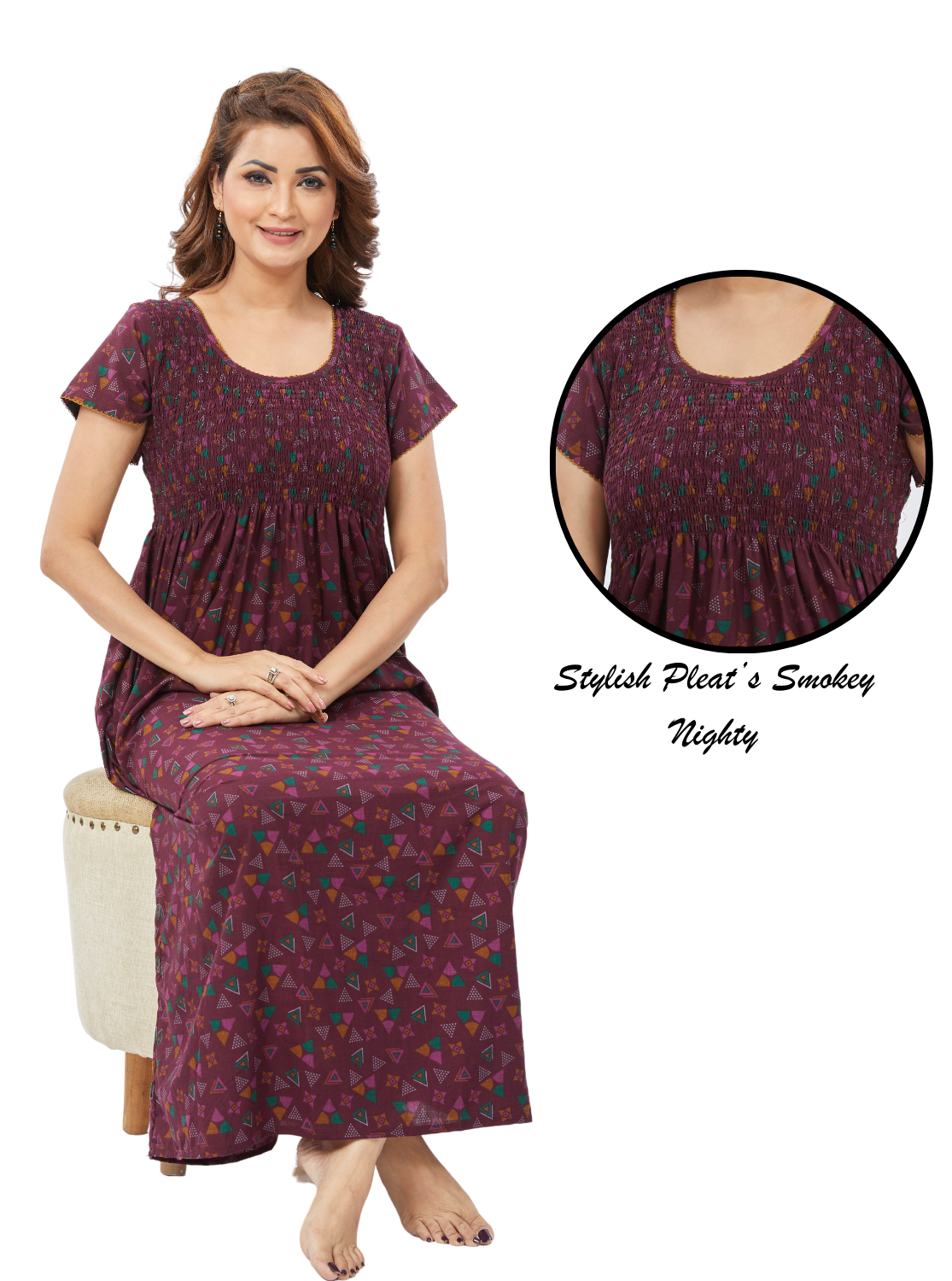 New ONLY MINE Premium Synthetic Smokey Nighty | Beautiful Pleated Design | Side Pocket | Stylish Nighty for Stylish Women's