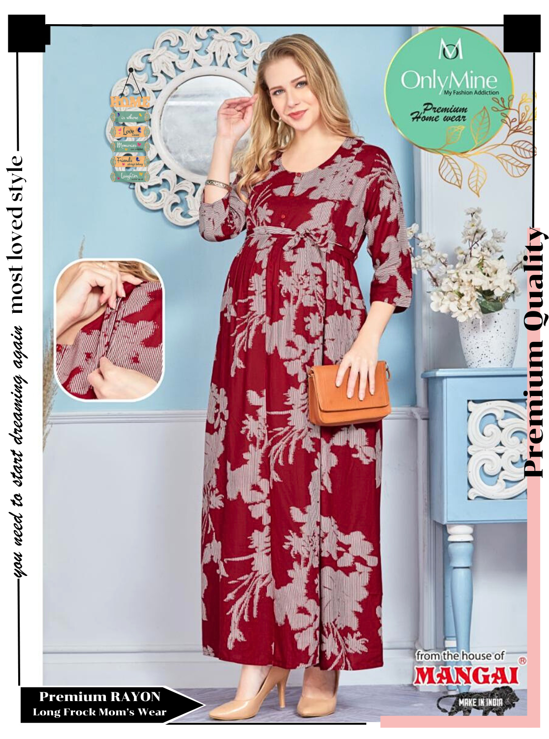 New ArrivalsONLY MINE Premium 4-IN-ONE Mom's Wear - Soft & Smooth Rayon | Maternity | Feeding | Long Frock | Casual Wear for Pregnancy Women's (4-IN-ONE-LFRK)