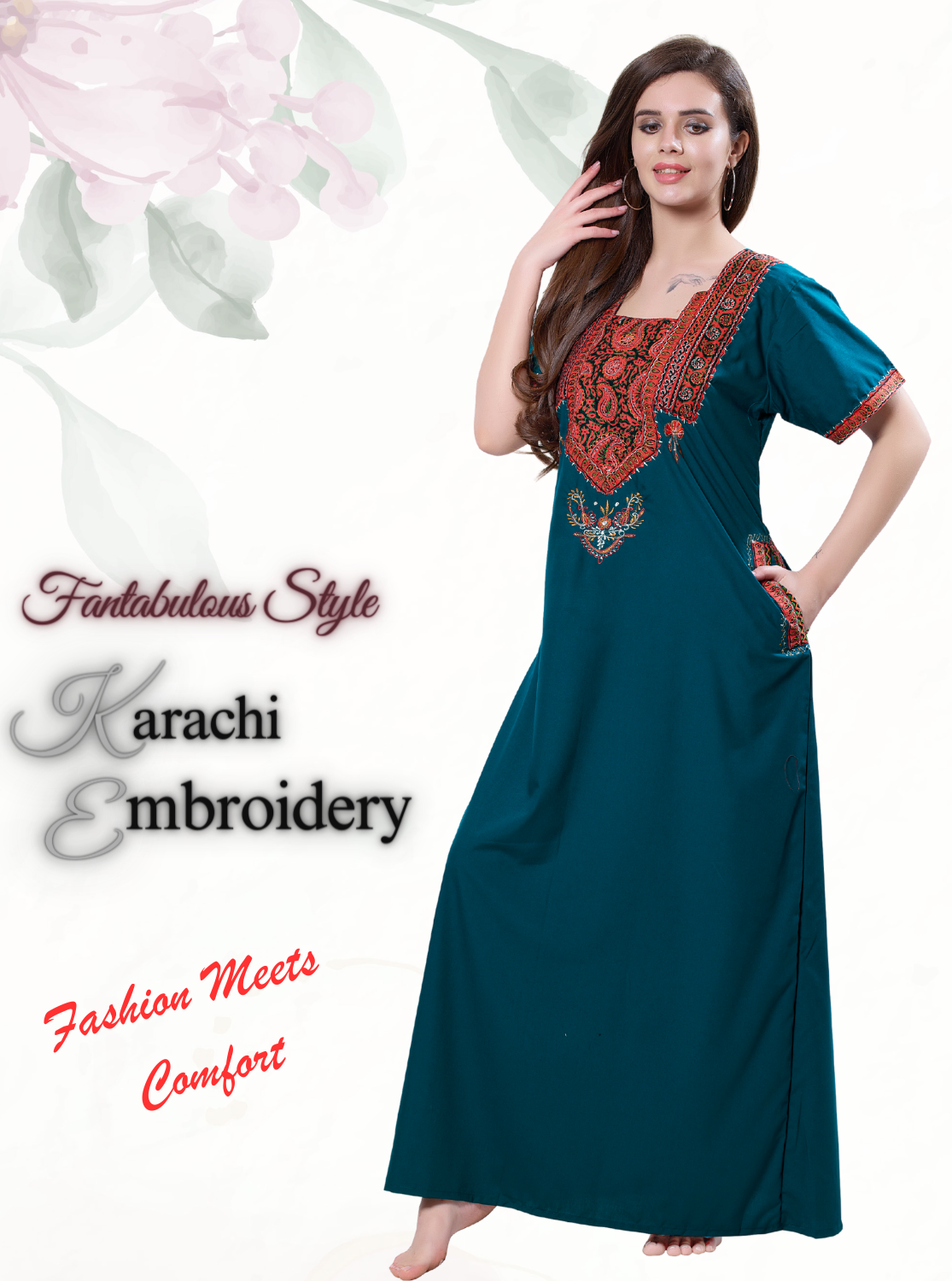 MANGAI Premium KARACHI Embroidery Nighties | Beautiful Embroidery Design's | Branded Quality | Half Sleeve | Regular Model | Stylish Nightdress for Women