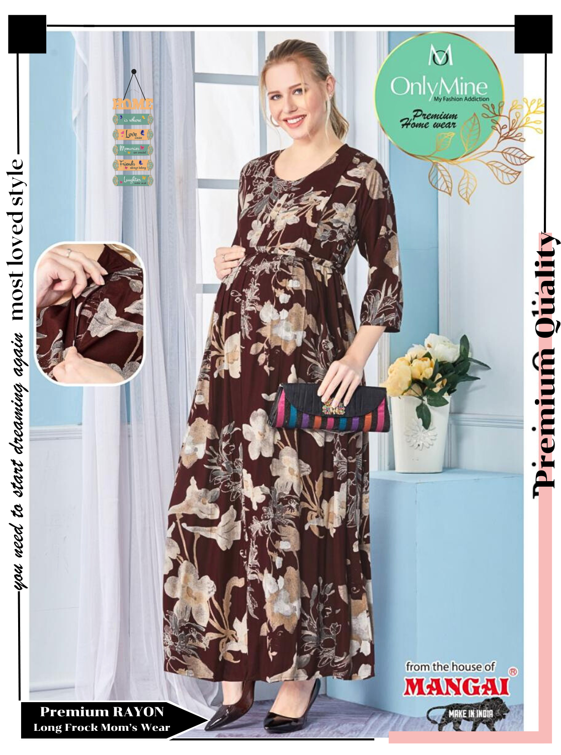 New ArrivalsONLY MINE Premium 4-IN-ONE Mom's Wear - Soft & Smooth Rayon | Maternity | Feeding | Long Frock | Casual Wear for Pregnancy Women's (4-IN-ONE-LFRK)