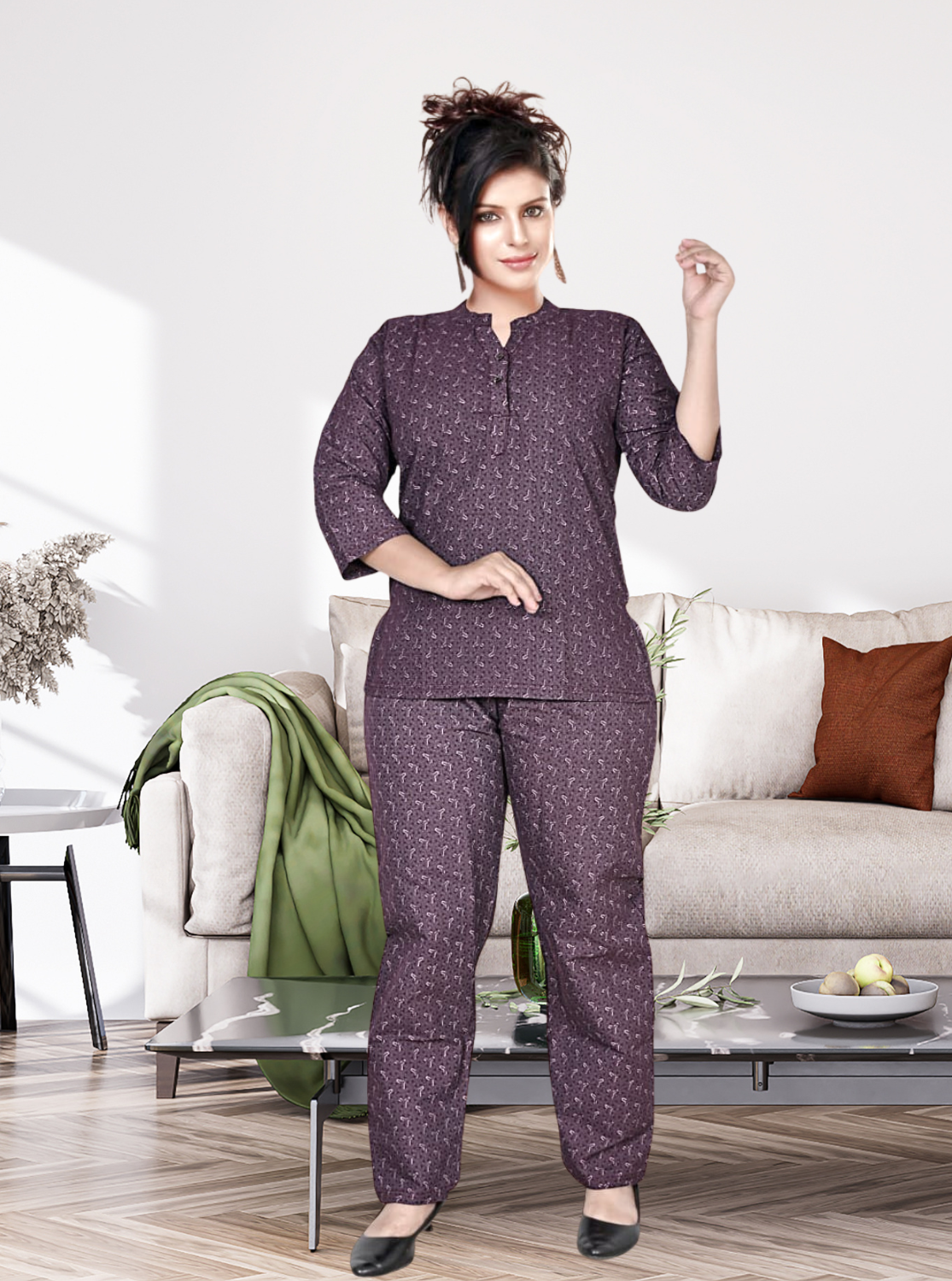 New MANGAI Stylish Cotton Night Suits for all Stylish Women's | Long Sleeve with Size Pocket Beautiful all Over Printed Elastic Waist Top & Bottom Cord Set your Perfect Nightwear Companion (MCNS)
