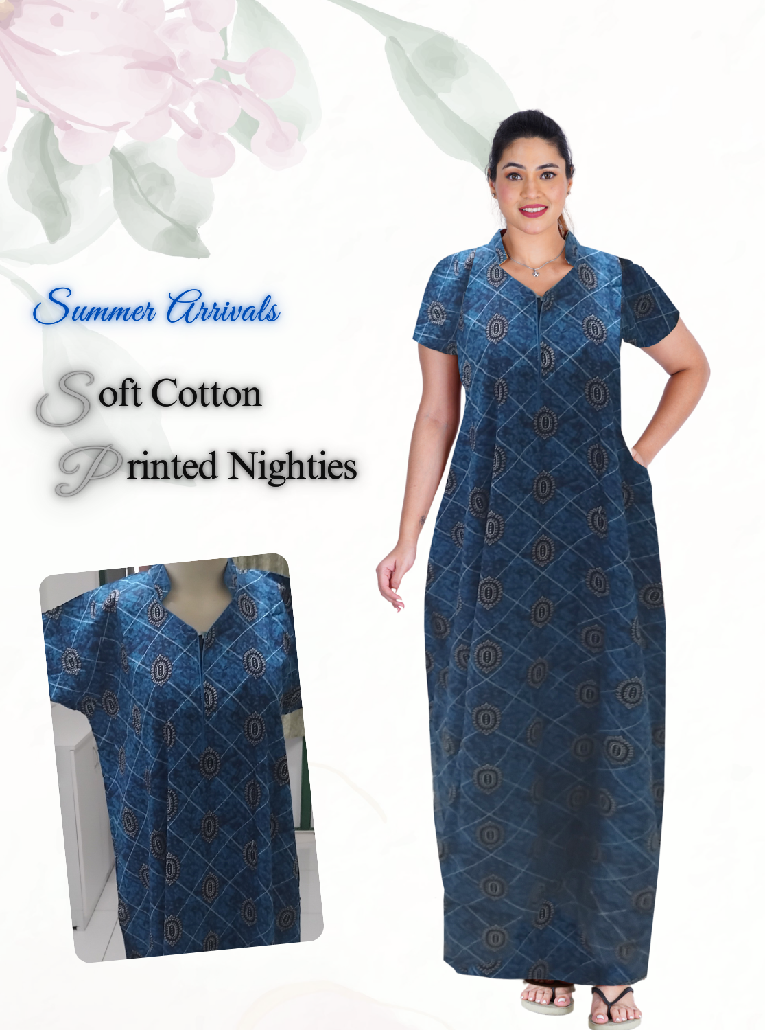 MANGAI Daily Wear Casual Comfort Fit Cotton Printed Collar Nighties | Zipless Closed Model |Summer Arrival's for Trendy Women's (VNM)