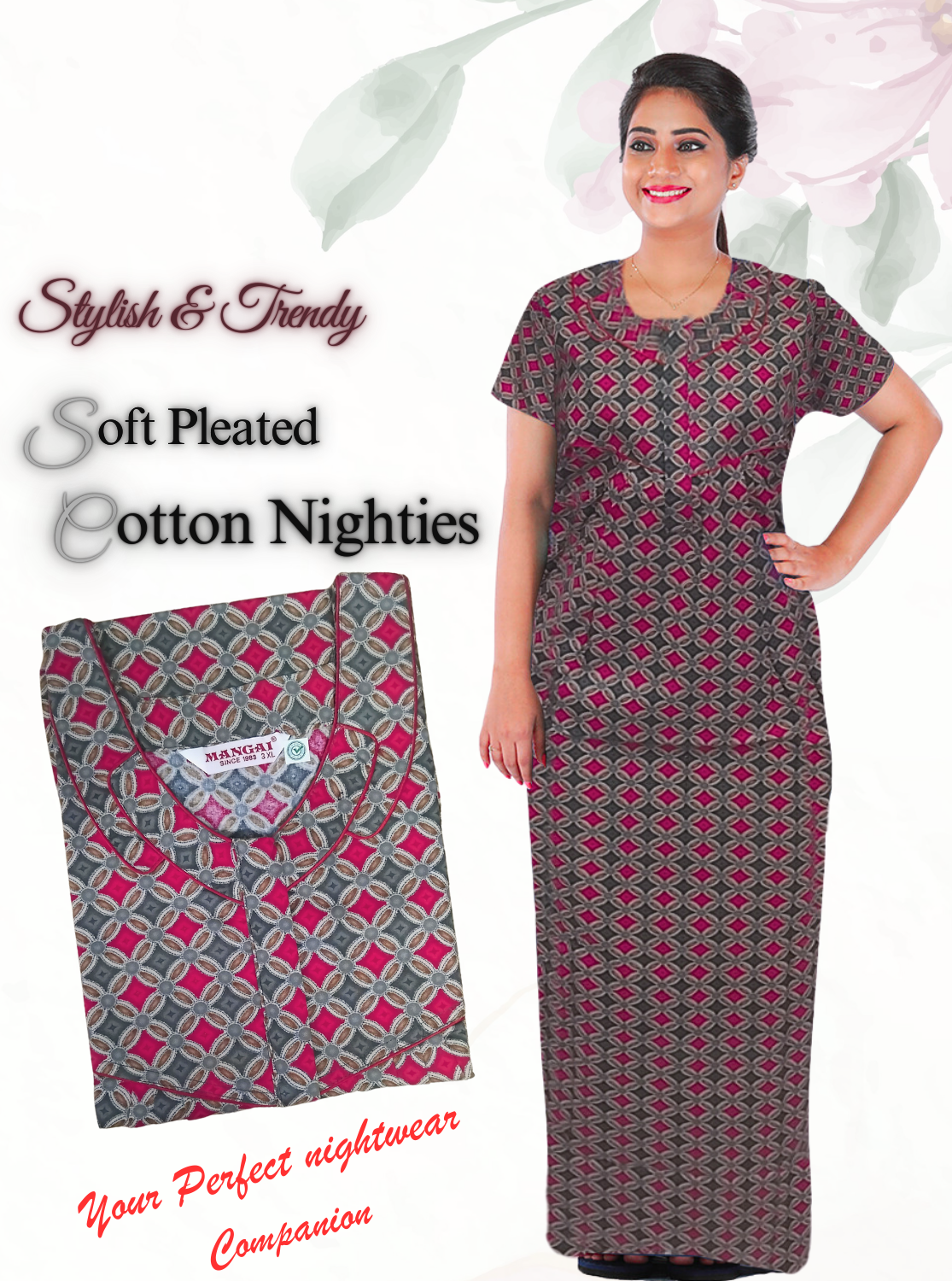 Premium Cotton Printed Pleated Model Nighties