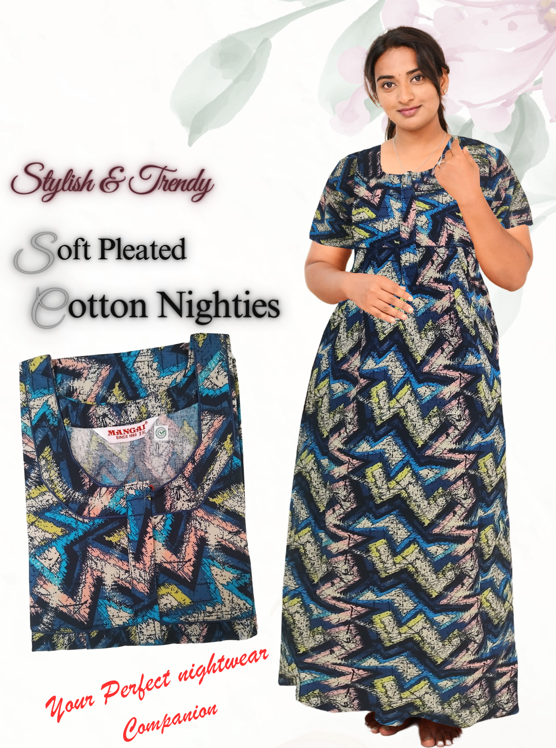 Cotton Printed Pleated Model Nighties