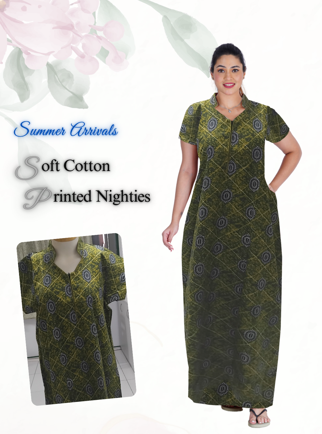 MANGAI Daily Wear Casual Comfort Fit Cotton Printed Collar Nighties | Zipless Closed Model |Summer Arrival's for Trendy Women's (VNM)