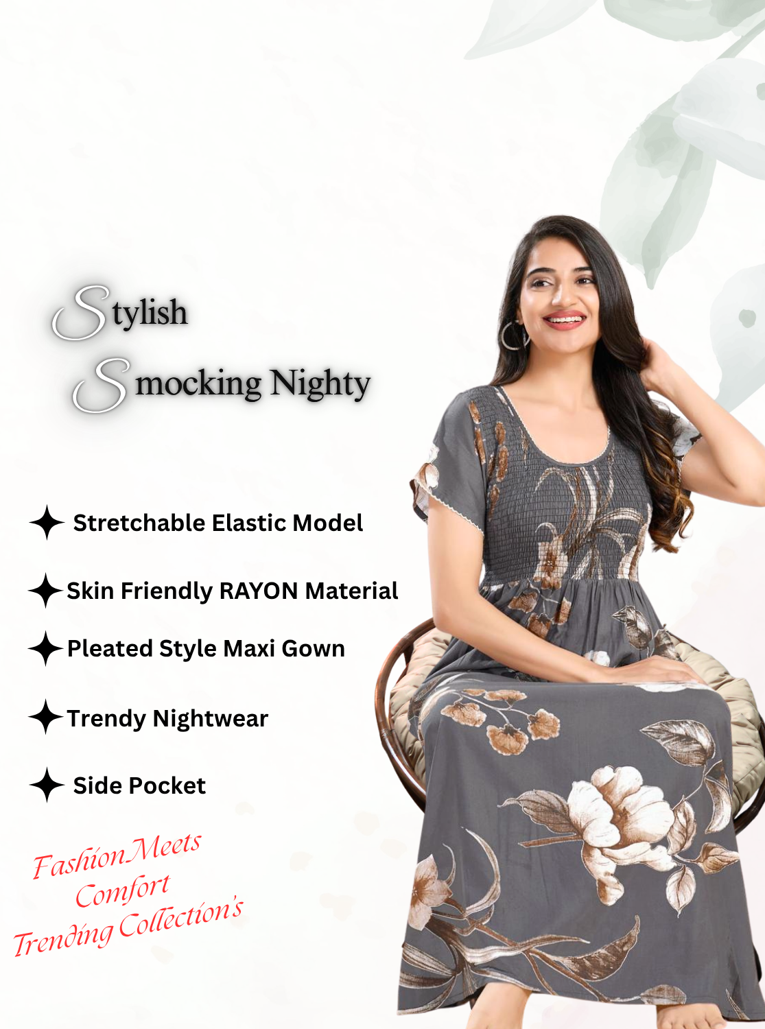 MANGAI RAYON Smocking Nighty | Beautiful Pleated Design | Side Pocket | Stylish Nighty for Trendy Women's | Your Perfect Nightwear Collection's (SRN)