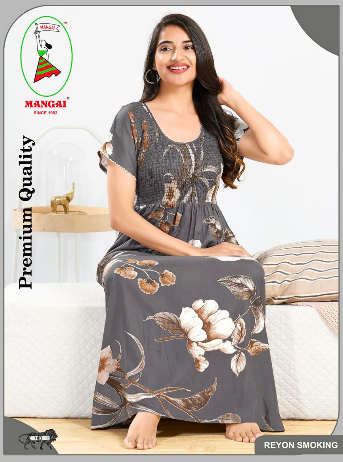 MANGAI RAYON Smocking Nighty | Beautiful Pleated Design | Side Pocket | Stylish Nighty for Trendy Women's | Your Perfect Nightwear Collection's (SRN)