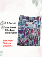 MANGAI Premium Cotton Printed Regular Comfort Long Sleeve Model 3XL Size Nighties - Fancy Neck | With Side Pocket |Shrinkage Free Nighties | Trendy Collection's for Stylish Women's (SLV)