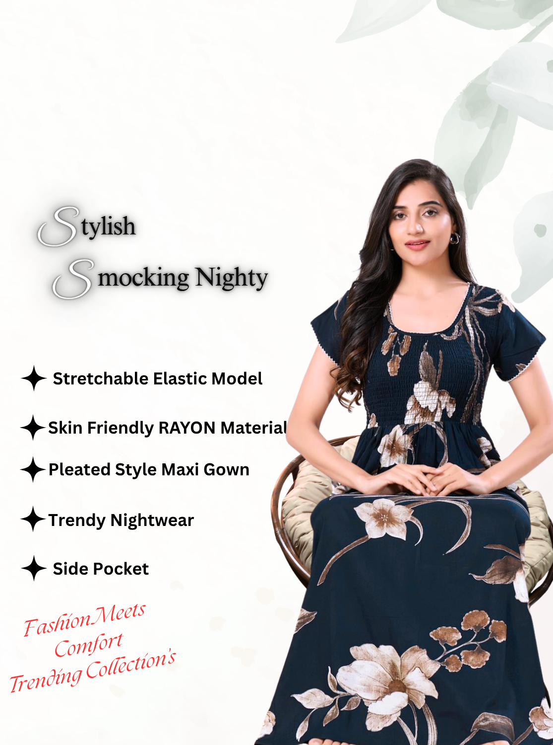 MANGAI RAYON Smocking Nighty | Beautiful Pleated Design | Side Pocket | Stylish Nighty for Trendy Women's | Your Perfect Nightwear Collection's (SRN)