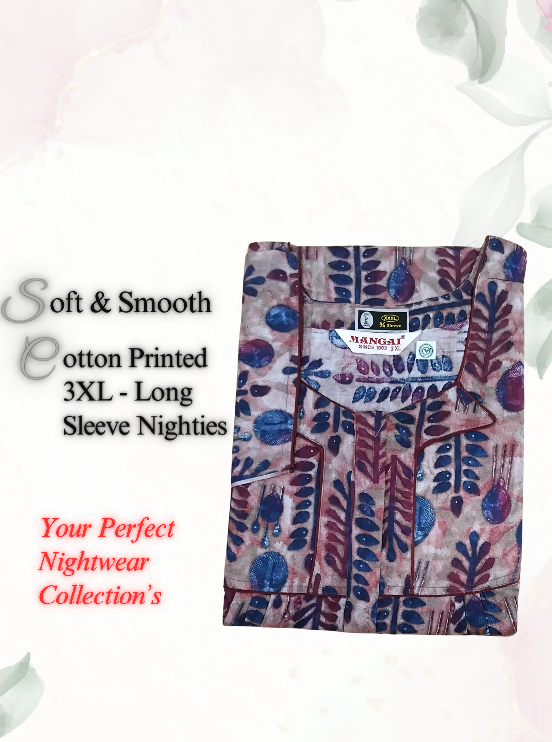 MANGAI Premium Cotton Printed Regular Comfort Long Sleeve Model 3XL Size Nighties - Fancy Neck | With Side Pocket |Shrinkage Free Nighties | Trendy Collection's for Stylish Women's