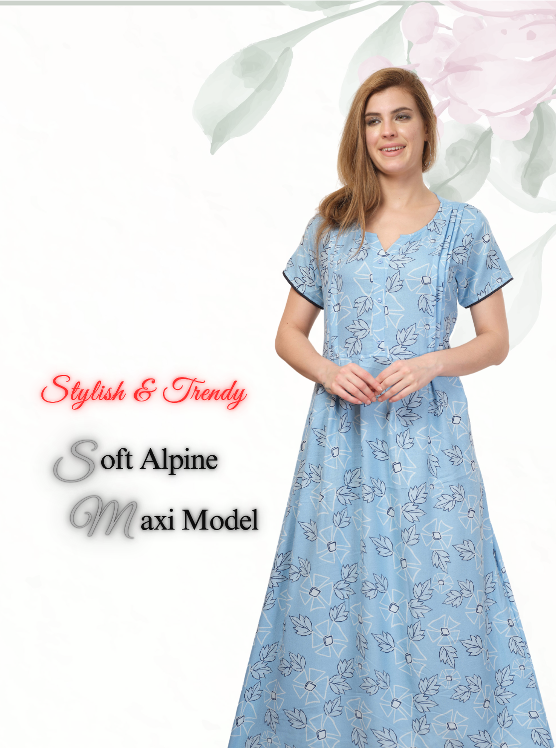 New Arrival MANGAI Premium ALPINE MAXI Model Nighty - Stylish Fancy Maxi Model Nightwear for Stylish Women | Updated Collection's| Beautiful Flared & Pleated Model | Frock Model Nighties for Trendy Women's (HMS)