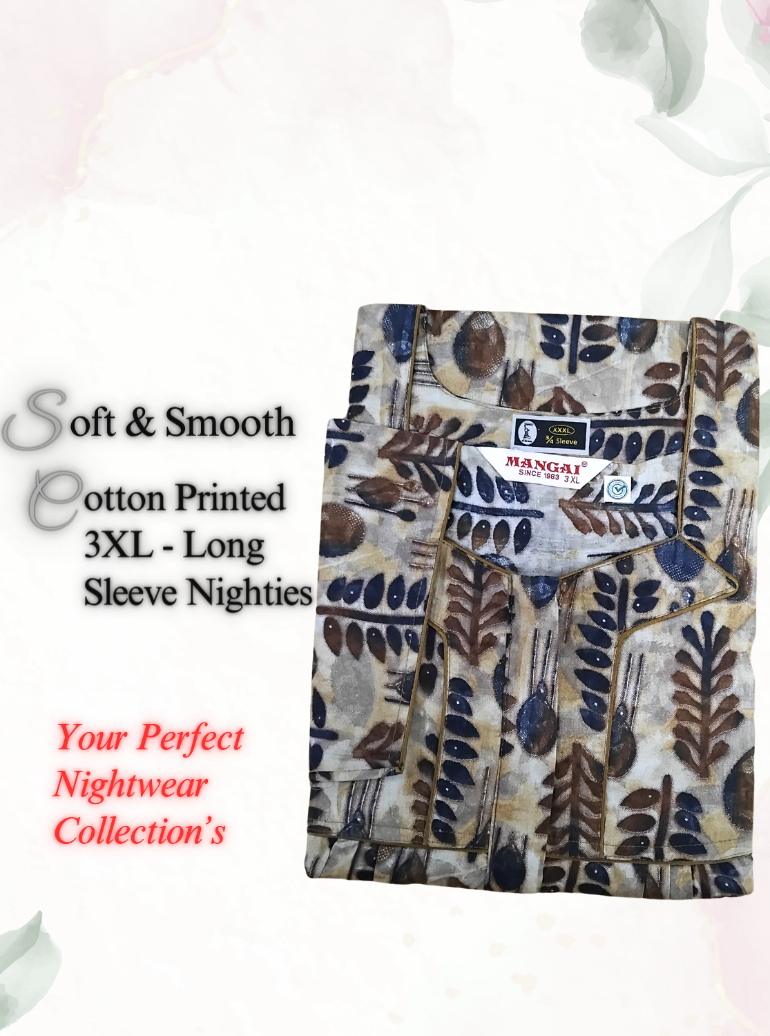 MANGAI Premium Cotton Printed Regular Comfort Long Sleeve Model 3XL Size Nighties - Fancy Neck | With Side Pocket |Shrinkage Free Nighties | Trendy Collection's for Stylish Women's