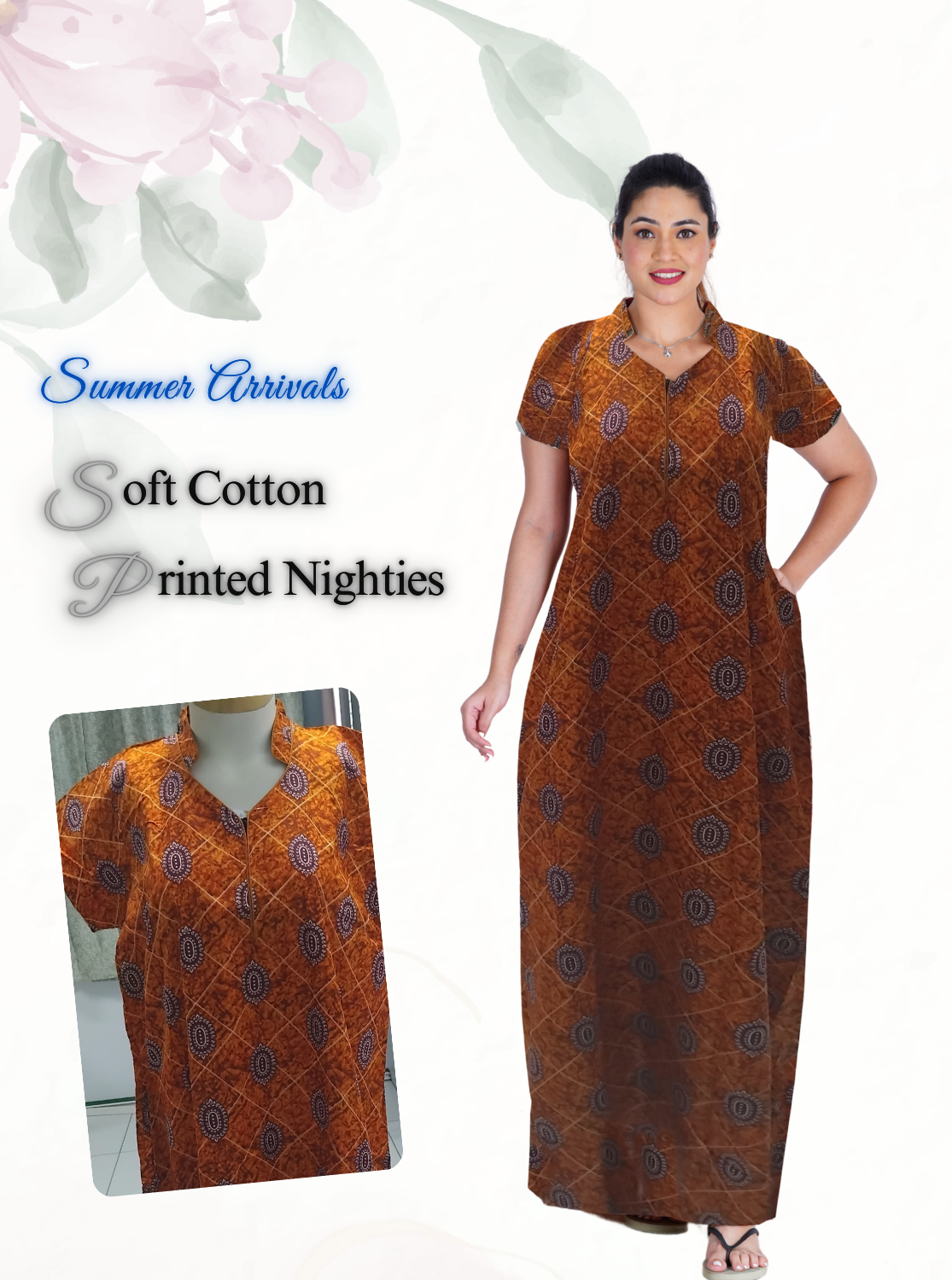 MANGAI Daily Wear Casual Comfort Fit Cotton Printed Collar Nighties | Zipless Closed Model |Summer Arrival's for Trendy Women's (VNM)