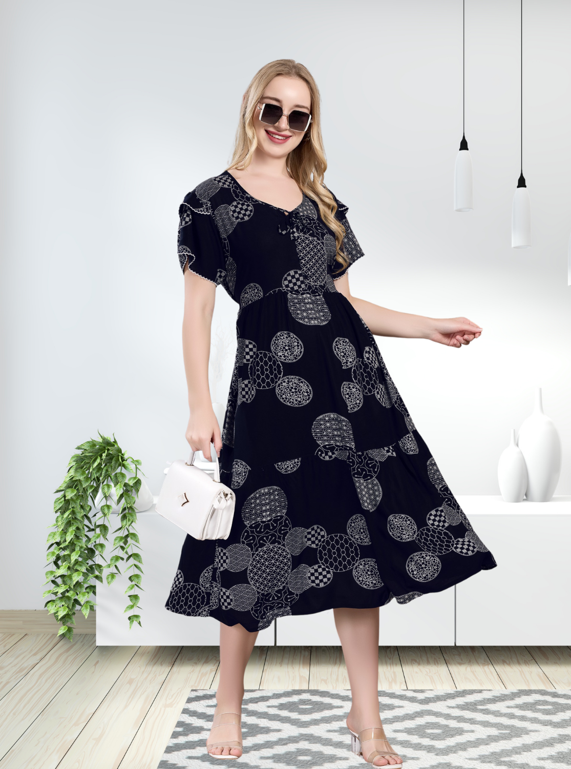 Rayon MAXI FROCK Model Nighties | Fancy Petal Sleeve | Fancy Neck & Side Pocket | Pleated Frock MAXI Style | Trendy Collection's for Stylish Women & Teenage Girl (PSG-H)
