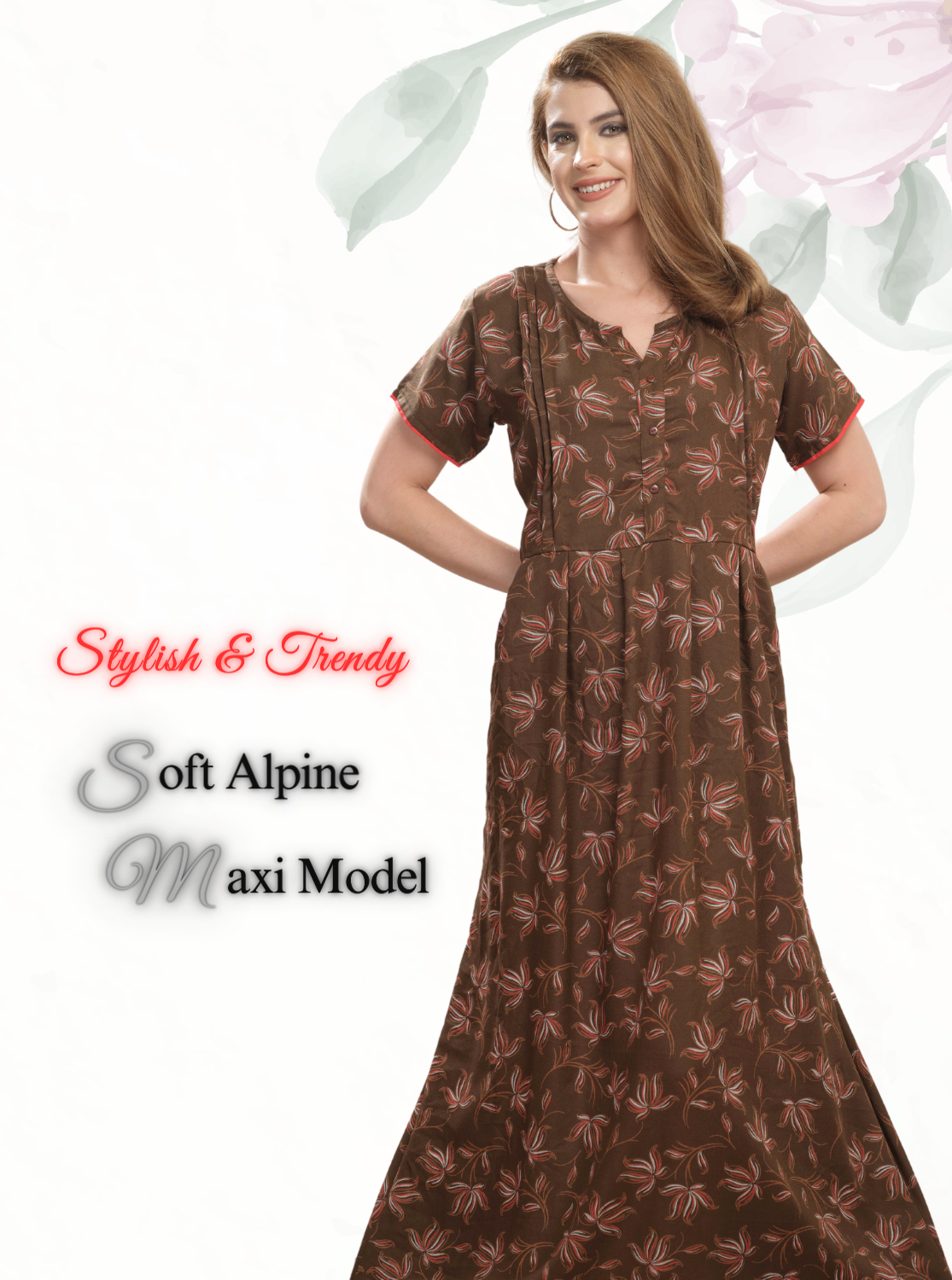 New Arrival MANGAI Premium ALPINE MAXI Model Nighty - Stylish Fancy Maxi Model Nightwear for Stylish Women | Updated Collection's| Beautiful Flared & Pleated Model | Frock Model Nighties for Trendy Women's (HMS)