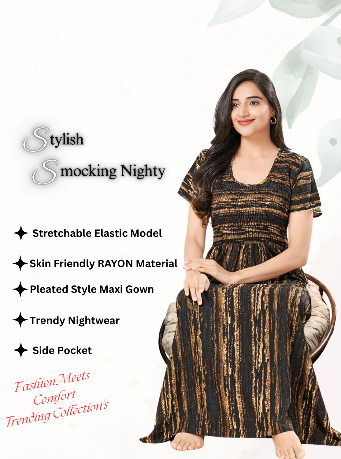 MANGAI RAYON Smocking Nighty | Beautiful Pleated Design | Side Pocket | Stylish Nighty for Trendy Women's | Your Perfect Nightwear Collection's (SRN)