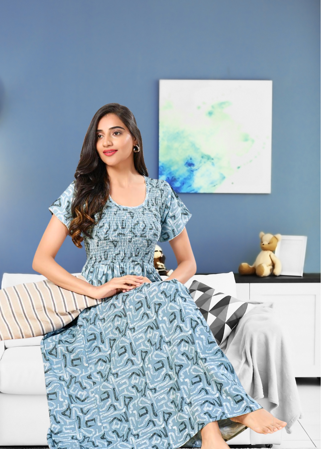 MANGAI RAYON Smocking Nighty | Beautiful Pleated Design | Side Pocket | Stylish Nighty for Trendy Women's | Your Perfect Nightwear Collection's (SRN)