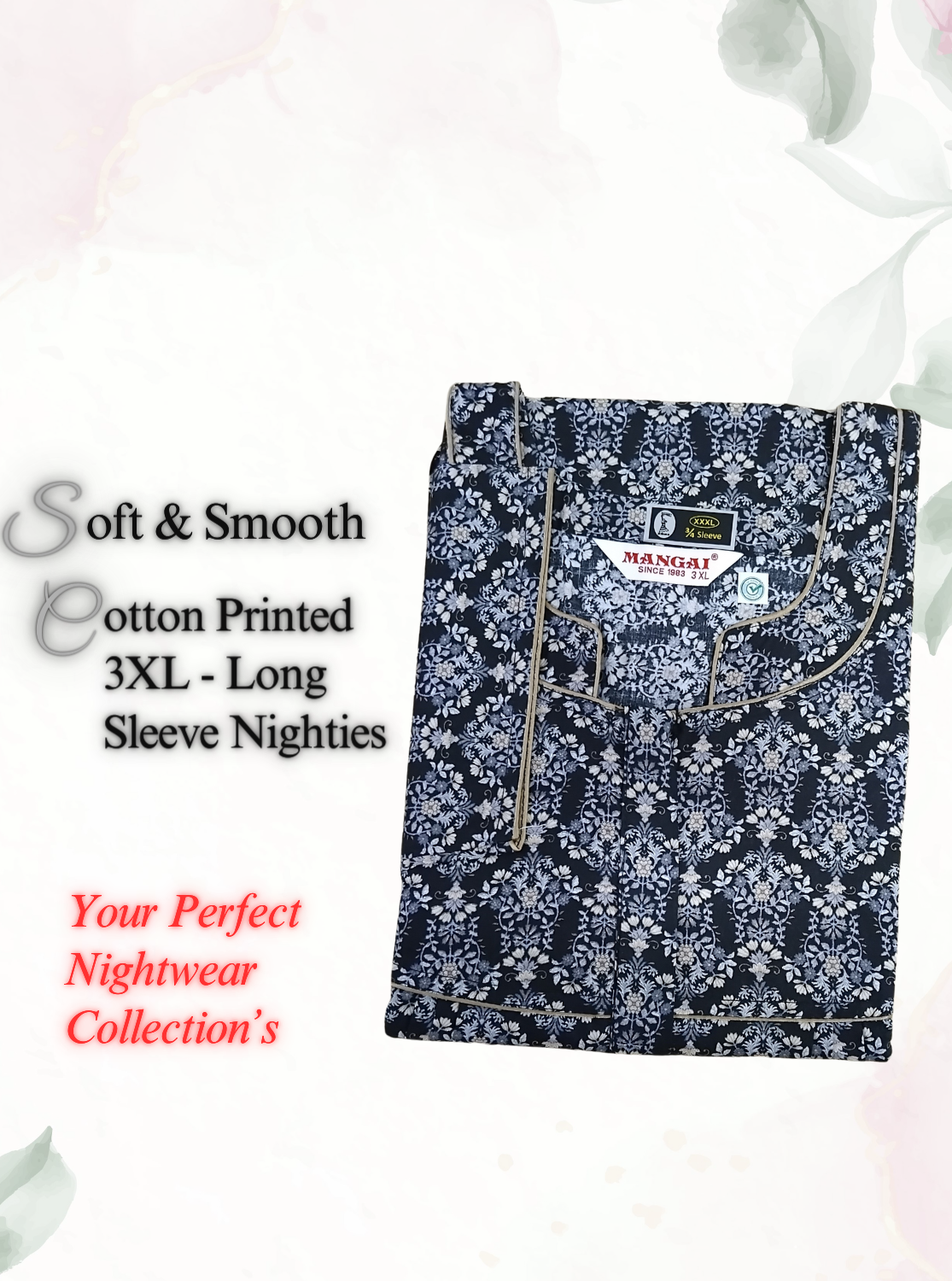 MANGAI Premium Cotton Printed Regular Comfort Long Sleeve Model 3XL Size Nighties - Fancy Neck | With Side Pocket |Shrinkage Free Nighties | Trendy Collection's for Stylish Women's