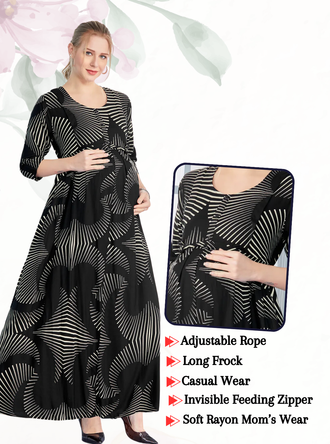 New ArrivalsONLY MINE Premium 4-IN-ONE Mom's Wear - Soft & Smooth Rayon | Maternity | Feeding | Long Frock | Casual Wear for Pregnancy Women's (4-IN-ONE-LFRK)