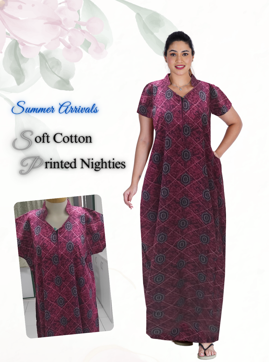 MANGAI Daily Wear Casual Comfort Fit Cotton Printed Collar Nighties | Zipless Closed Model |Summer Arrival's for Trendy Women's (VNM)