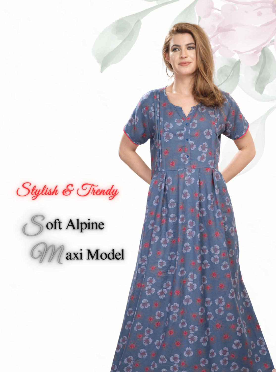 New Arrival MANGAI Premium ALPINE MAXI Model Nighty - Stylish Fancy Maxi Model Nightwear for Stylish Women | Updated Collection's| Beautiful Flared & Pleated Model | Frock Model Nighties for Trendy Women's (HMS)