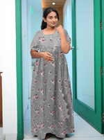 MANGAI New Regular Fit Cotton Printed Pleated Nighties - All Over Printed Stylish Nighties | Side Cut Pocket | Front Open Zipper Type | Beautiful Nighties for Stylish Women's (PLE)